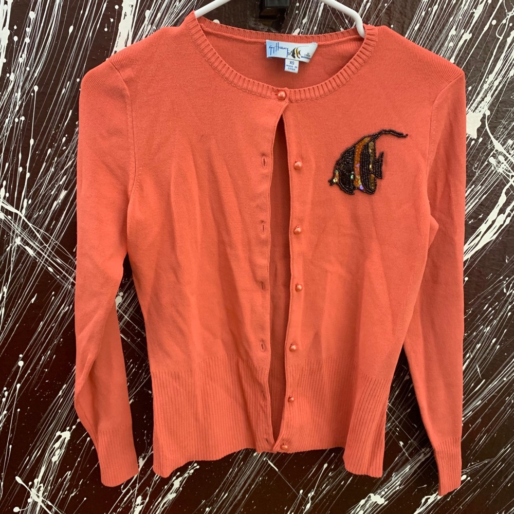 Guy Harvey Bluewater Beaded Angelfish Cardigan Sweater Coral Orange XS